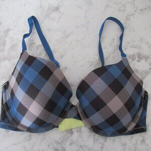 Victorias Secret Bra 34D Black Blue Plaid Lined Demi Underwire Padded